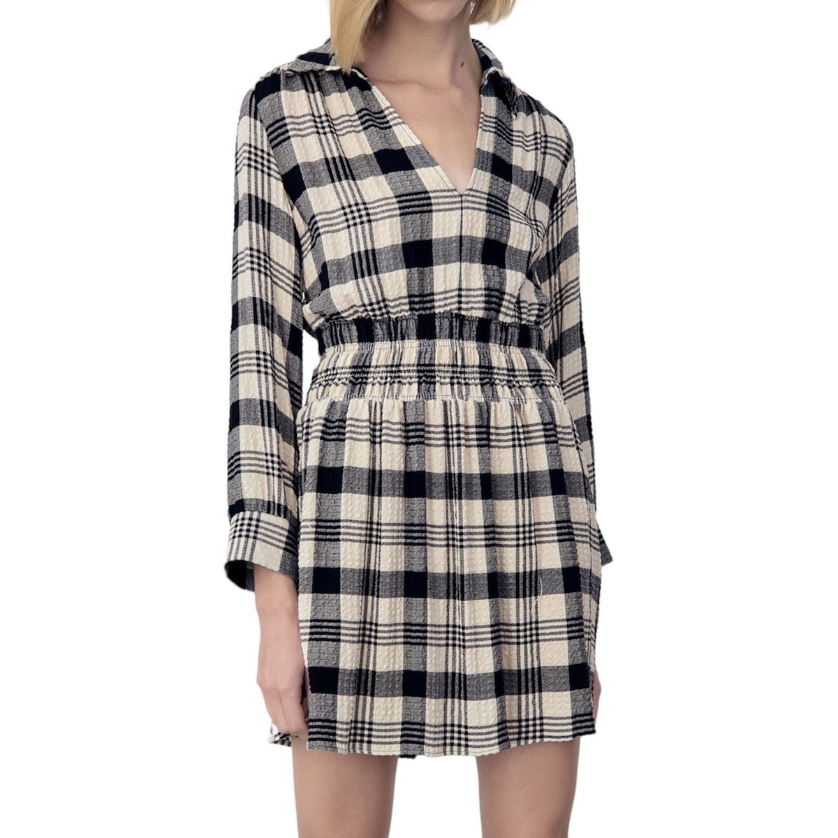 black and white checkered dress zara Zara Plaid Collared Smocked Waist Long Sleeve Mini Dress Black Cream Size  Small