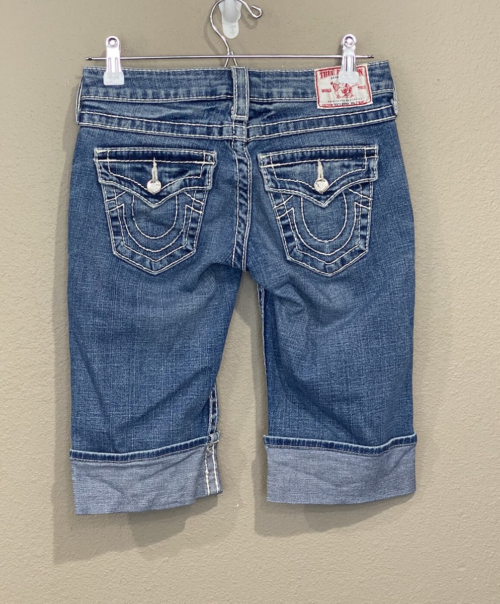 True Religion Shorts Womens 26 Blue Jean Denim Rhinestone Cuffed Disco  Sophie