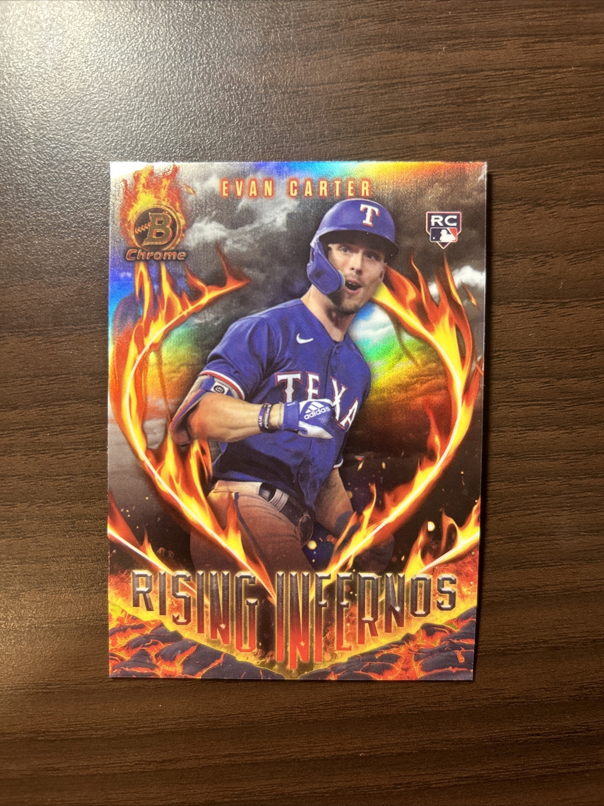 Evan Carter 2024 Bowman RISING INFERNOS REFRACTOR ROOKIE RANGERS #5