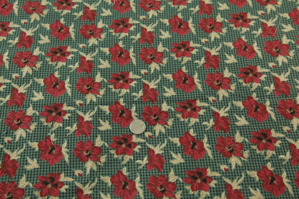 Tela de edredón Scant 2Y Thimbleberries Country Spirit roja floral sobre estampado verde Foto 3 de 4