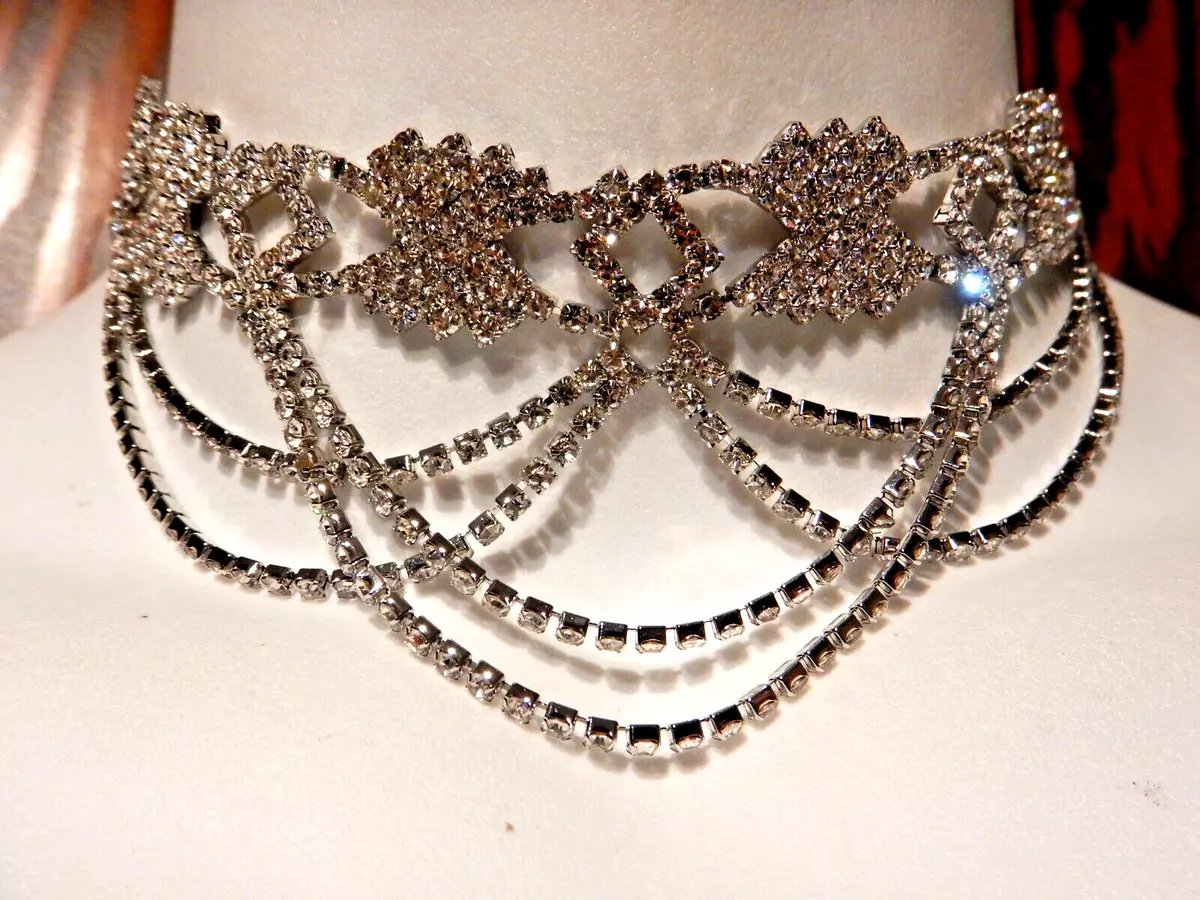 CRYSTAL DRAPING CHOKER NECKLACE silver clear rhinestone diamante