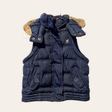 H M LOGG Navy Blue Hooded Puffer Vest Toddler Sz 12-18 M Faux Fur Zip Button