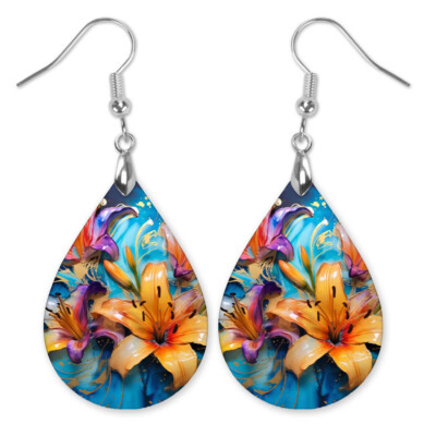 Floral Teal Pink Dangle Earrings - Boho MDF Wood Lily Design for Mother's Day Gi
