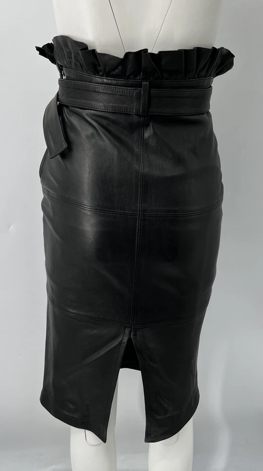 J. Brand Genuine Black Leather 'Claudia' High-Waisted Belted Midi Skirt sz S - Image 4 of 4