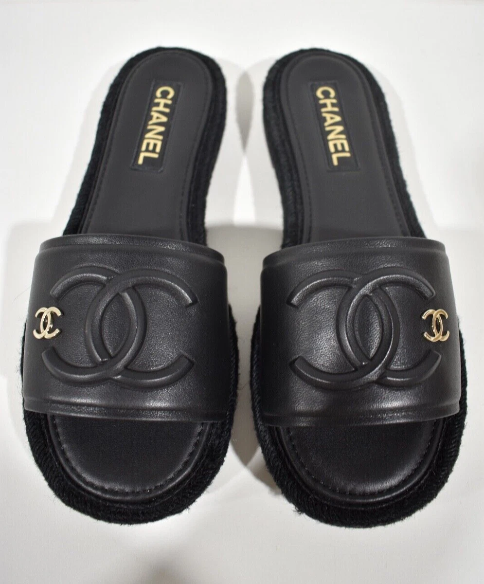 Chanel 23C Black Lambskin Leather CC Logo Slide Sandal Slip Espadrille Flat  40