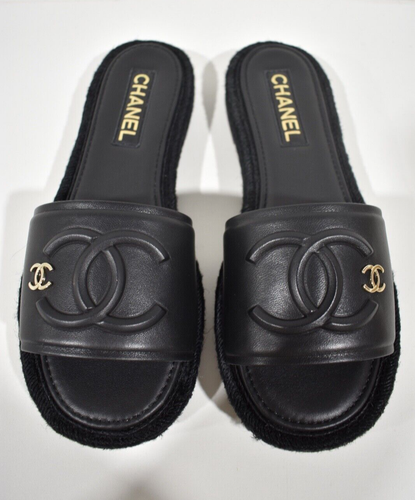 Chanel 23C Black Lambskin Leather CC Logo Slide Sandal Slip Espadrille Flat  40 | eBay