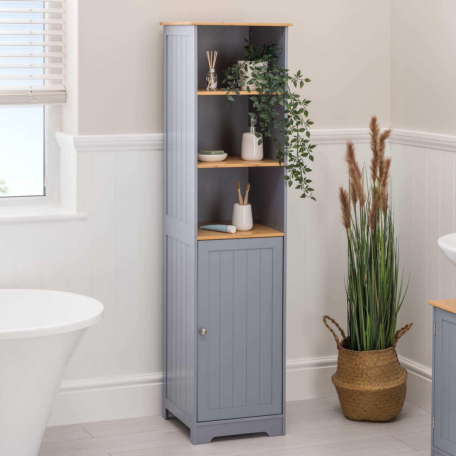 Bathroom Shelf Cabinet Grey Bamboo Freestanding Tallboy Storage Unit Christow