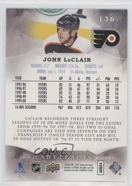 2016-17 Upper Deck Artifacts Legends Emerald /99 John LeClair #136 - Image 2 of 2