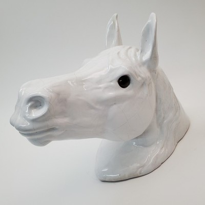 Large White Ceramic Horse Wall Bust Crackle Glaze Glass Eyes 18'' Statement Art