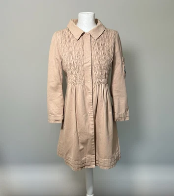 Odd Molly Beige Blush Cotton Coat Smocked Bodice Embroidered Logo Size Small - Image 1 of 4