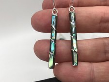 Drop earrings abalone paua shell. Solid sterling silver, bar, 47mm total. Box.
