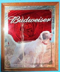 Vintage 2001 LARGE BUDWEISER BEER MIRROR SIGN HUNTING DOG ~  33" X 28"