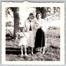 Vtg B&W Snapshot Two Women And Little Girl in Pretty Dresses Outdoors 1954