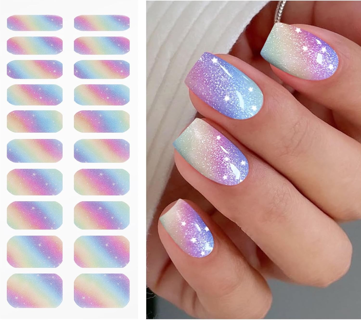 JMEOWIO Gel Nail Stickers Rainbow Glitter Semi Cured Gel Nail Strips Wraps UV/L