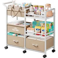 Baby Diaper Caddy Organizer, 3 Tier Rolling Storage Cart with Dividers and Dr...