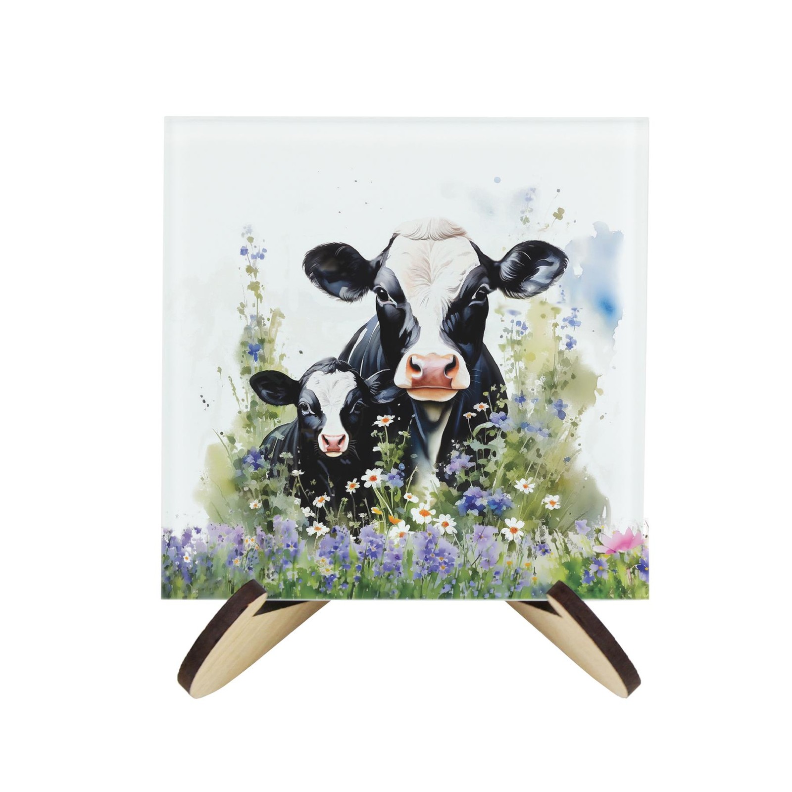 Friesian Cow & Calf Coasters & Stand Set - Square Glass Farm Countryside Gift