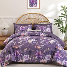 Floral Comforter Set Queen Size 7 Piece, Purple Flower Bed in a Bag, Elegant Flo