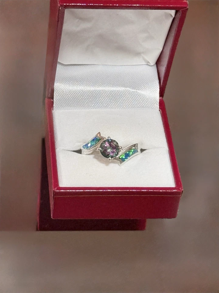 Vintage Blue Opal And Rainbow Mystic Topaz 925 Sterling Silver Ring - Image 3 of 4