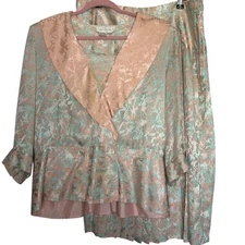 Silk Studio Size 16 2 Piece Peplum Top Pleated Skirt Mint Green Peach Silk VTG