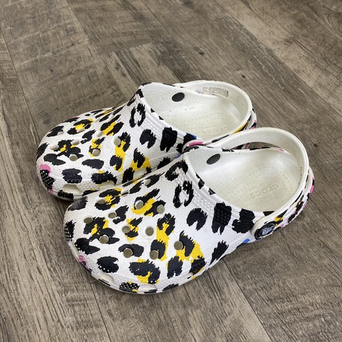 white leopard crocs