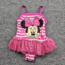 Disney Mini Mouse One Piece Swimsuit 3T Hot Pink White Polka Dots Stripes Ruffle