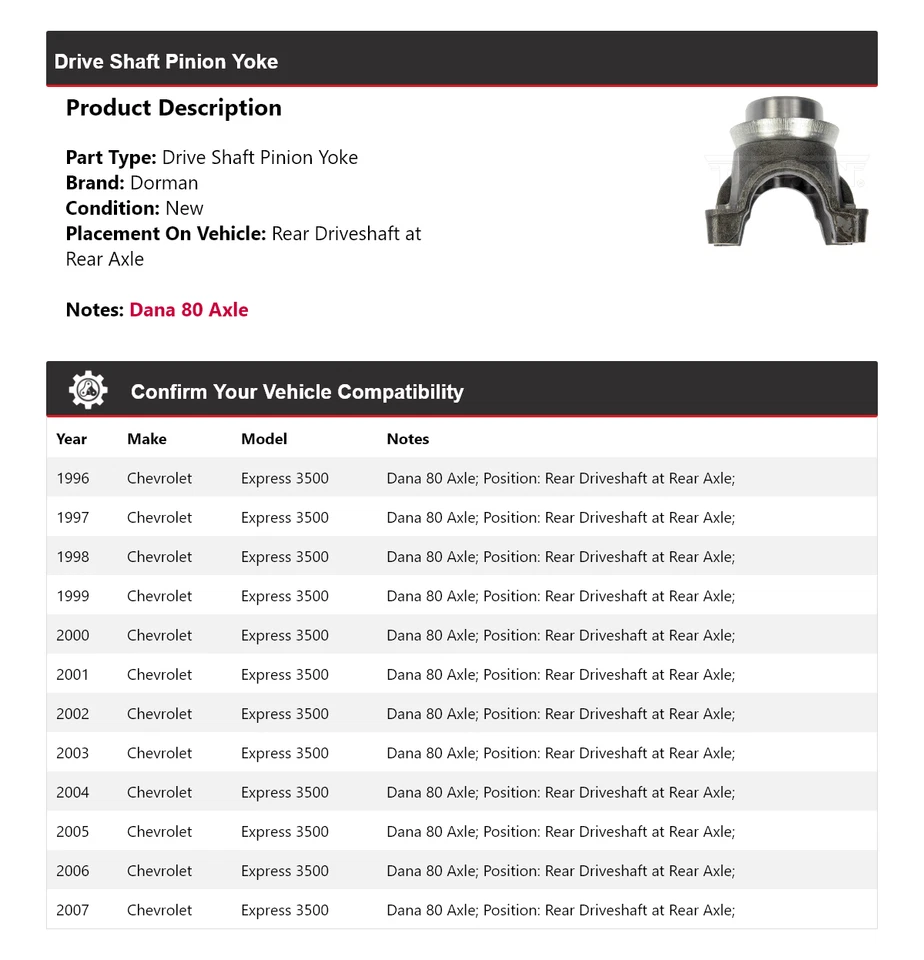 Yugo de piñón de eje de transmisión Dorman 1997 1998 para Chevrolet Express 3500 1996-2007 Foto 2 de 4