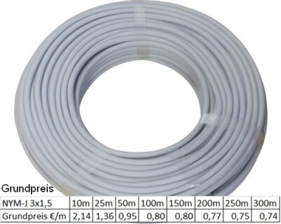 NYM-J 3x1,5 mm² nach VDE Stromkabel Elektrokabel Feuchtraumkabel 5 - 300m Meter