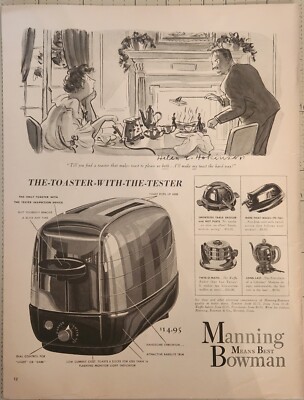1941 Manning Bowman Appliances Vintage ad 14 x 10 toaster with the tester
