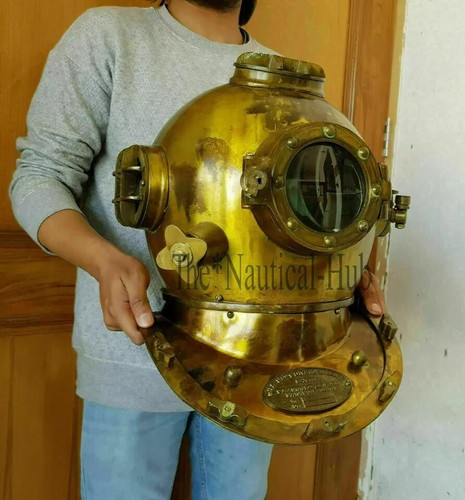 Antique Brass Diving Divers Helmet US Navy Mark V Steel Vintage Scuba Sea Helmet - Picture 4 of 6