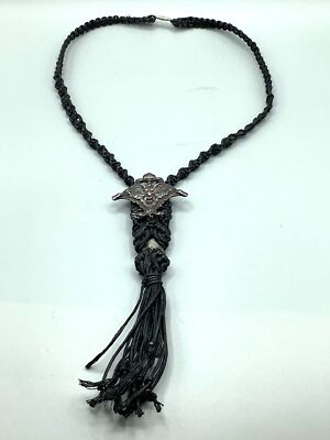 Dark Necklace Unusual Rare Gothic Sterling Silver Horned Face Braided Black  Cord