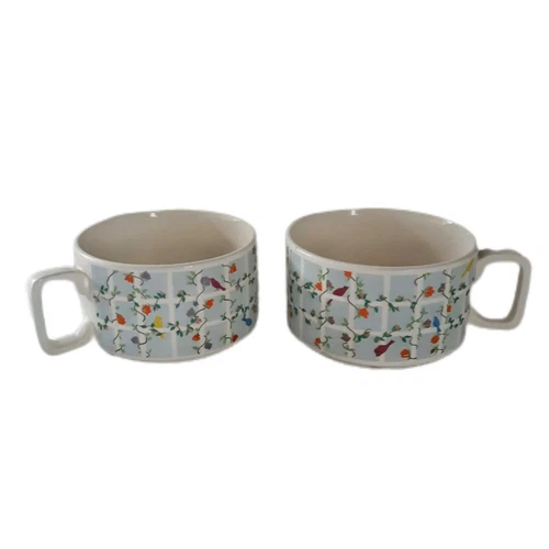 2 MCM Soup Chili Cups Floral Ceramic Mugs Vintage Cottagecore Garden Bird 70s