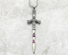 925 Sterling Silver Royalty Antique Dagger Sword Pink Pendant Necklace 20 Inch