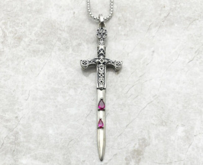925 Sterling Silver Royalty Antique Dagger Sword Pink Pendant Necklace 20 Inch
