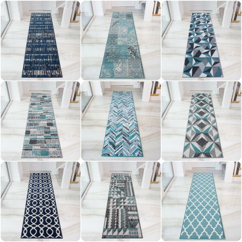 Blue Navy Hall Runner Rugs Denim Geometric Carpet Runner Long Teal Hall