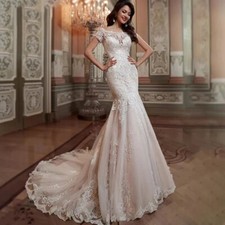 Luxury Mermaid Wedding Dresses Short Sleeve Appliques Buttons Back Bridal Gowns