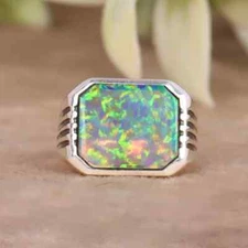 Rainbow Fire Opal Ring, 925 Sterling Silver Mens Signet Ring, Gift For Boyfriend