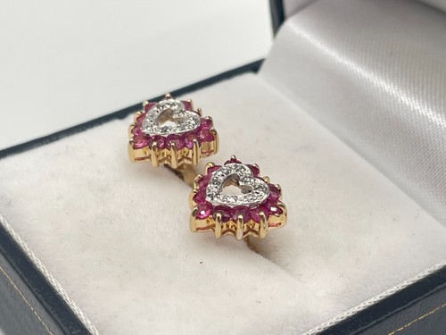 9ct Gold Ruby & Diamond Heart Stud Earrings. Goldmine Jewellers. - Picture 3 of 6