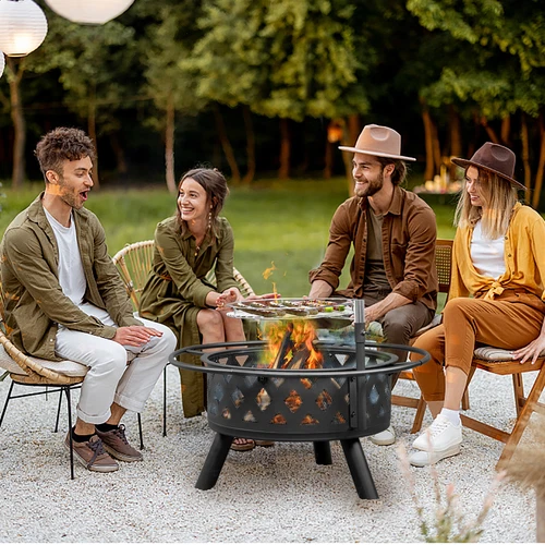 High Quality 30in Metal Fire Pit with Cooking Grates Outdoor Black US - Picture 1 of 21