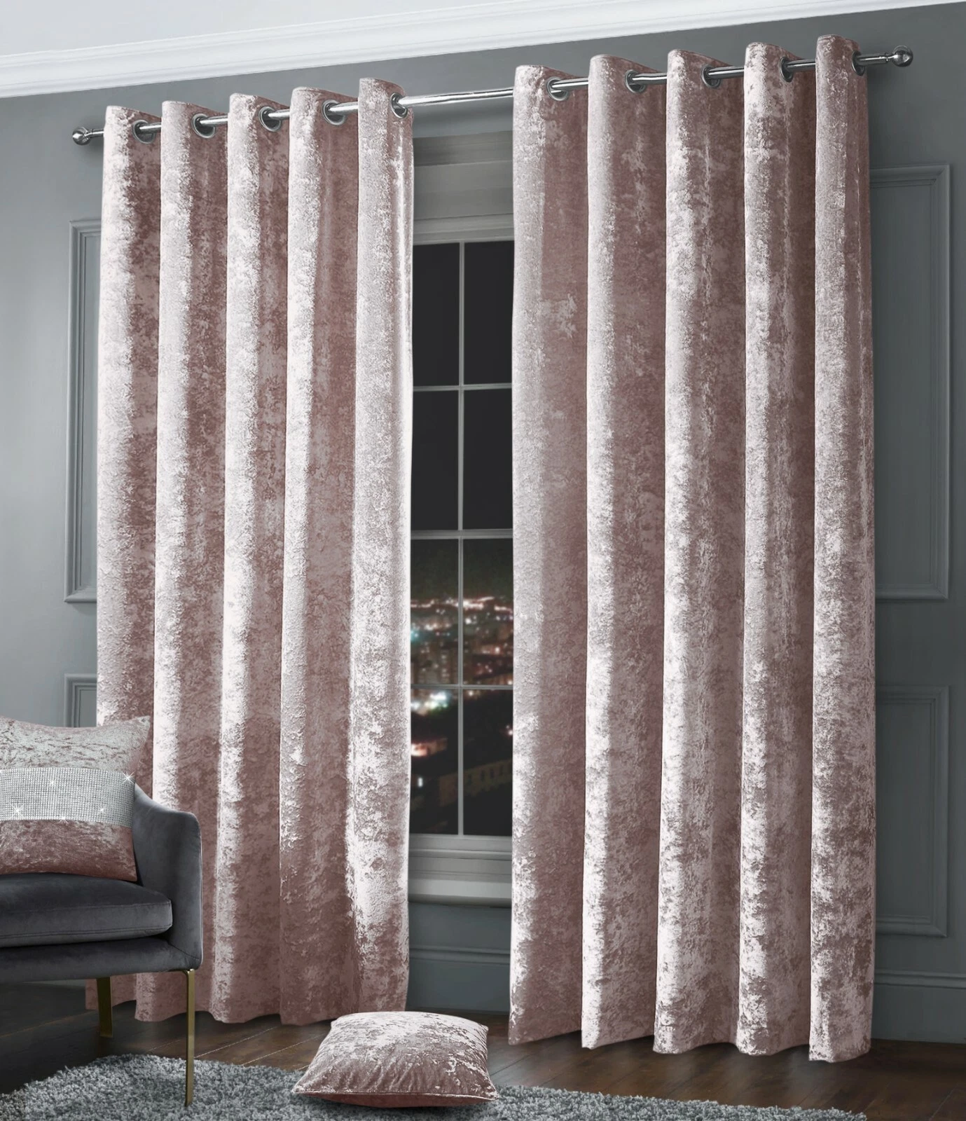 Crushed Velvet Eyelet Fully Lined Ring Top Eyelet Curtain Pair Blush Pink