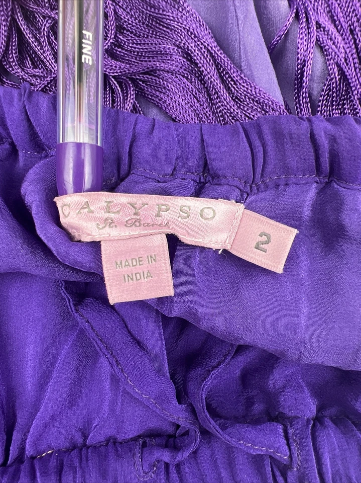 Falda de seda de longitud media con flecos en capas talla 2 púrpura-rosa Calypso St. Barth Foto 3 de 4