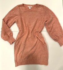 Say What? Womens M Pink Solid Knit Sweater Dress Crew Neck Beaded Balloon Sleeve