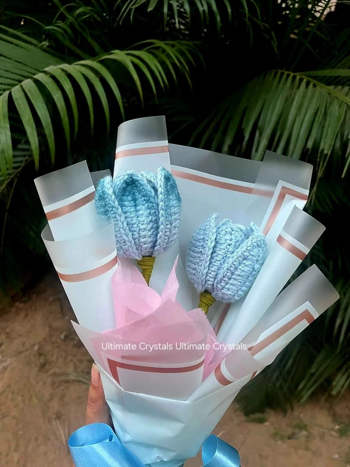 Crochet Tulip Bouquet - Handcrafted Sky Blue & White Flowers | Perfect Gift - Image 4 of 4