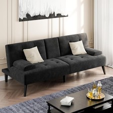Faux Leather Sofa Bed Convertible Futon Sofa with 2 Throw Pillows Cup Holders