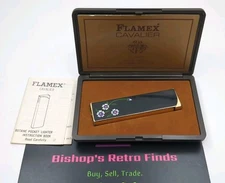 VINTAGE 1960s FLAMEX GOLD TONE CAVALIER BUTANE LIGHTER JAPAN #7 W/ CASE AND INFO
