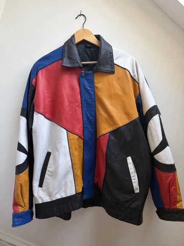 Men’s Leather Multicolor Colorblock Mercedes Logo Full Zip Jacket L image 2