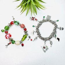 Christmas Holiday Beaded Charm Elastic Silver Tone Bracelets Lot Glass Enamel