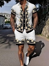 Men'S Plus Size Casual Shirt and Shorts Set with Leaf Pattern - White, Black, an