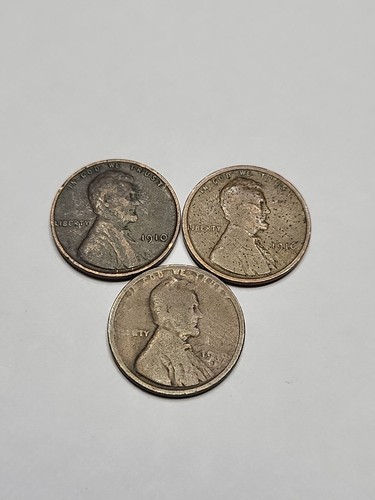 1910, 1916, and 1919-S Lincoln Wheat Cent Pennies