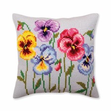 CdA stamped cross stitch kit cushion "Pansies" 5383, 40x40cm, DIY