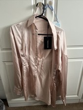 Pretty Little Thing Champagne Satin Fitted Waist Shirt Dress Uksize-12 NEW